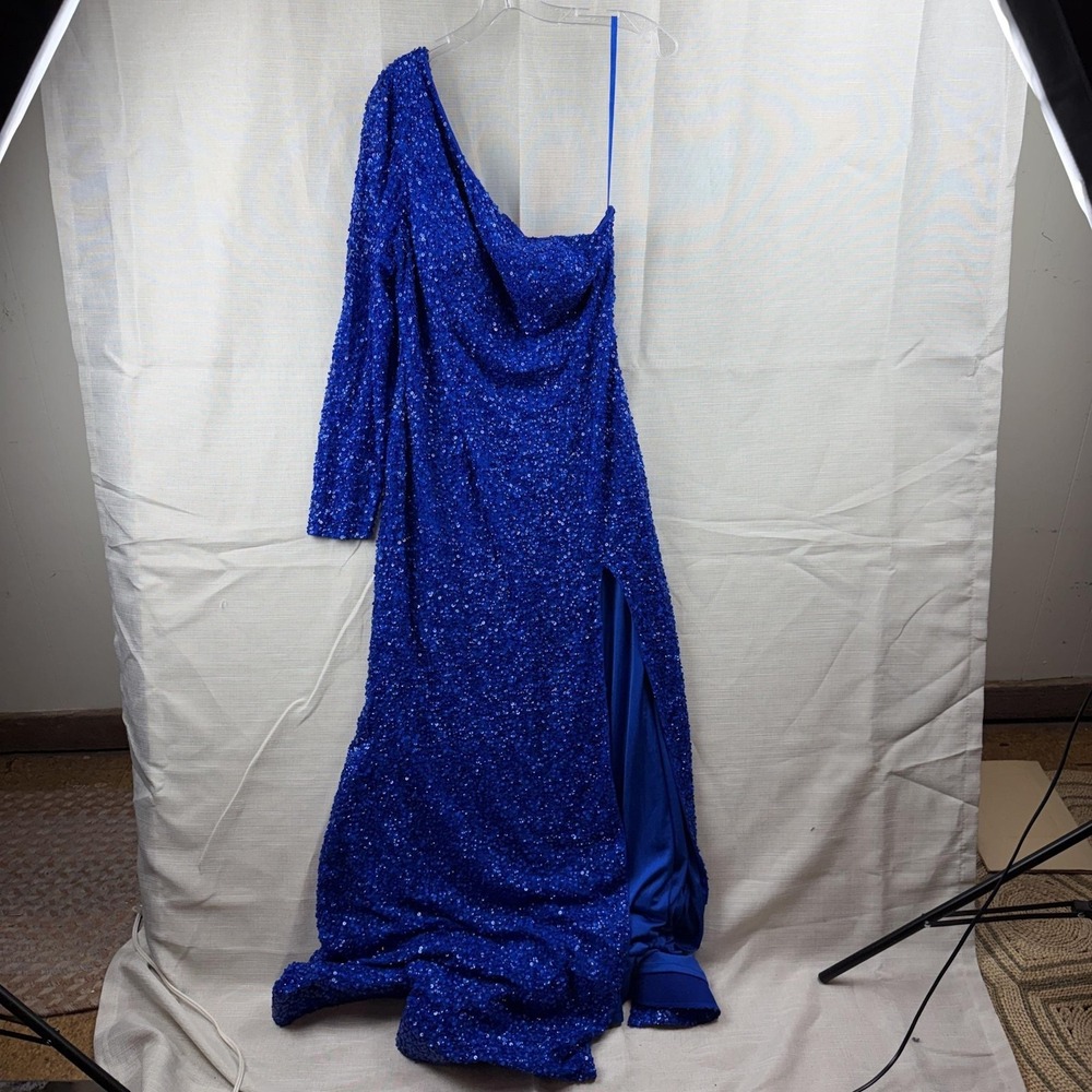 ASHLEY Lauren Dress Womens 14 Neon Royal Sequin One Shoulder Formal Gown 1977